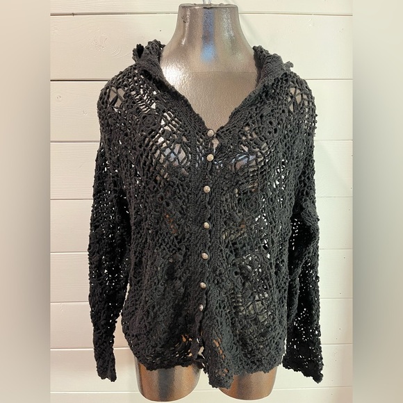 🖤 VINTAGE •IN-WEAR black crochet hoodie cardigan – Size S - Picture 1 of 10